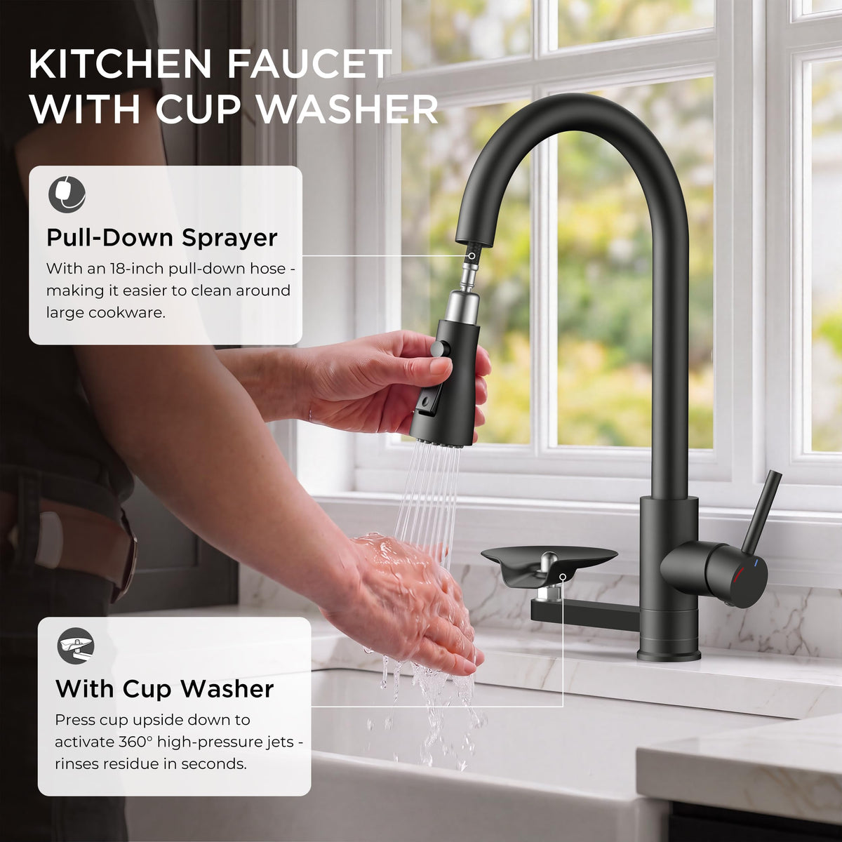 Black Kitchen Faucet with Cup Washer (Matte Black)