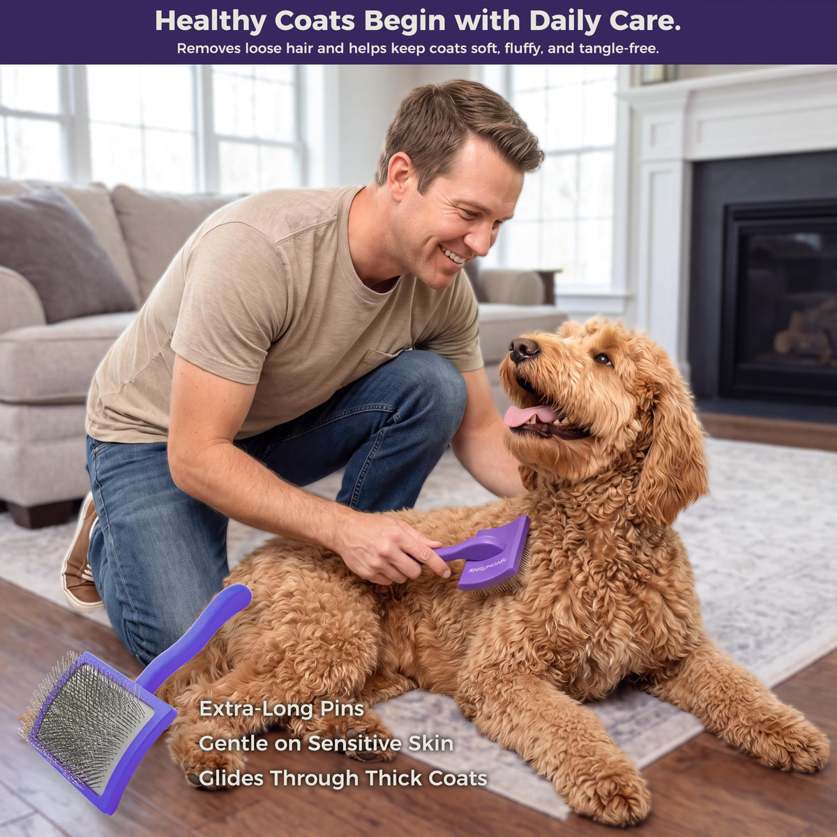 5PCS Dog Grooming Kit with Long Pin Slicker Brush for Dogs (Violet / Large)