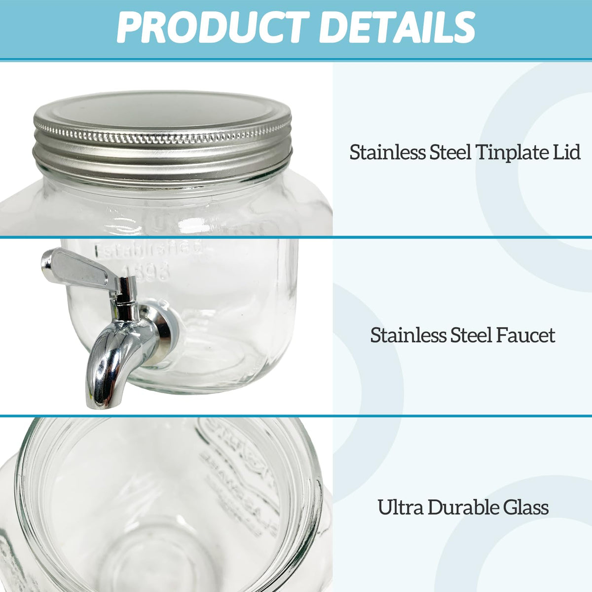 1 Gallon Drink Dispenser Glass Beverage Dispenser With Stand Leak Proof Stainless Steel Faucet Wide Mouth Mason Jar Style Glass Drink Dispenser for Parties (Style 2)