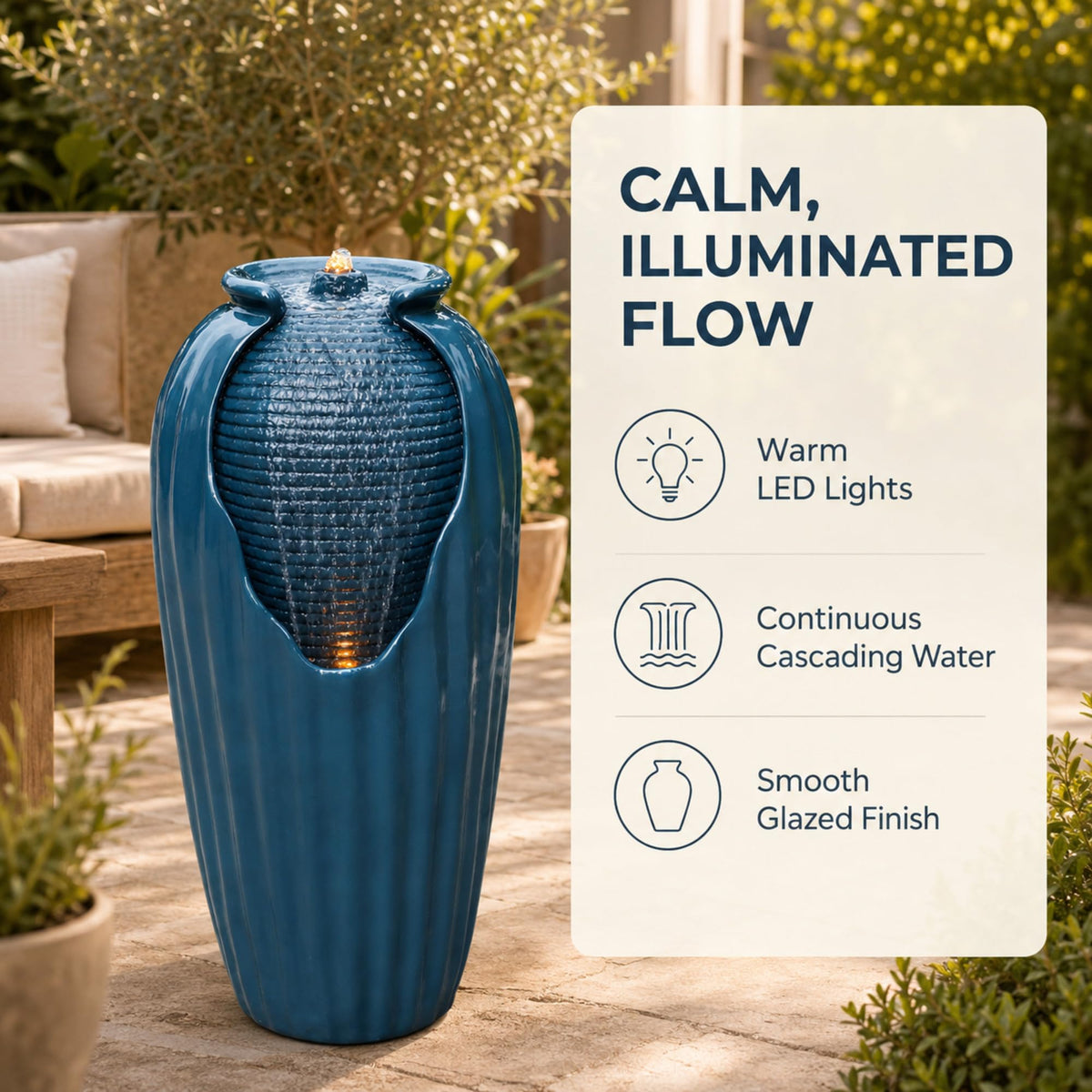 32 in. Outdoor Contemporary Glazed Contoured Vase Water Fountain with LED Lights to Create a Calming Oasis in Gardens and Landscaping (Blue)