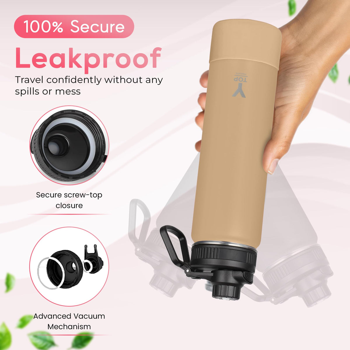 Y TOP 18 oz Insulated Water Bottle Leak Proof Spout Lid Fits in Car Cup Holder (Beige / 18 Ounces)