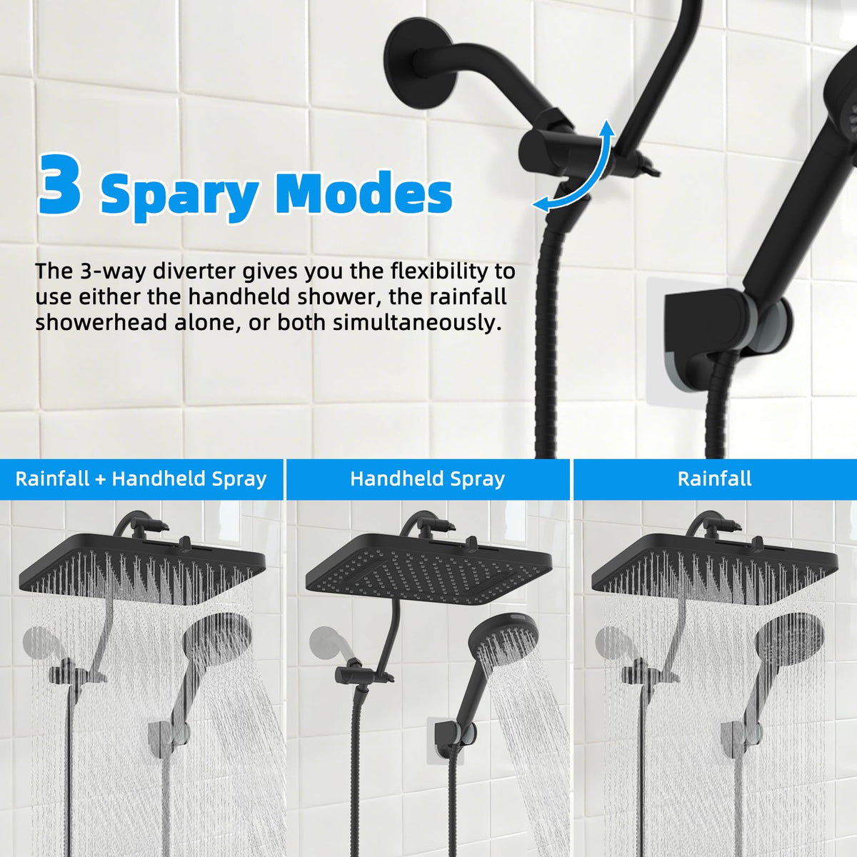 13'' 5 spray Rain Shower Head with 10 (Square 13'' / Matte Black)