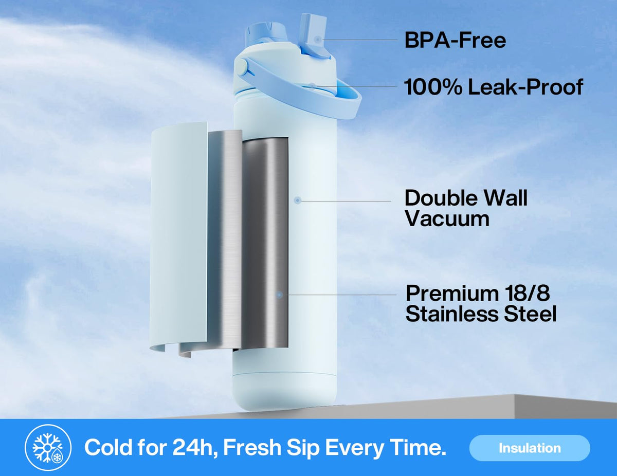 26 oz Insulated Water Bottle with 2 (Silver Sky / 26 Ounces)