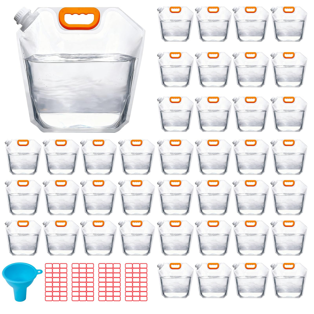 10 Pcs 1.3 Gallon Collapsible Water Storage Bag with Funnel and Label Leakproof Emergency Jug Container Clear Plastic Water Bladder Outdoor Flat Pouch for Hiking Sport Backpack Camping