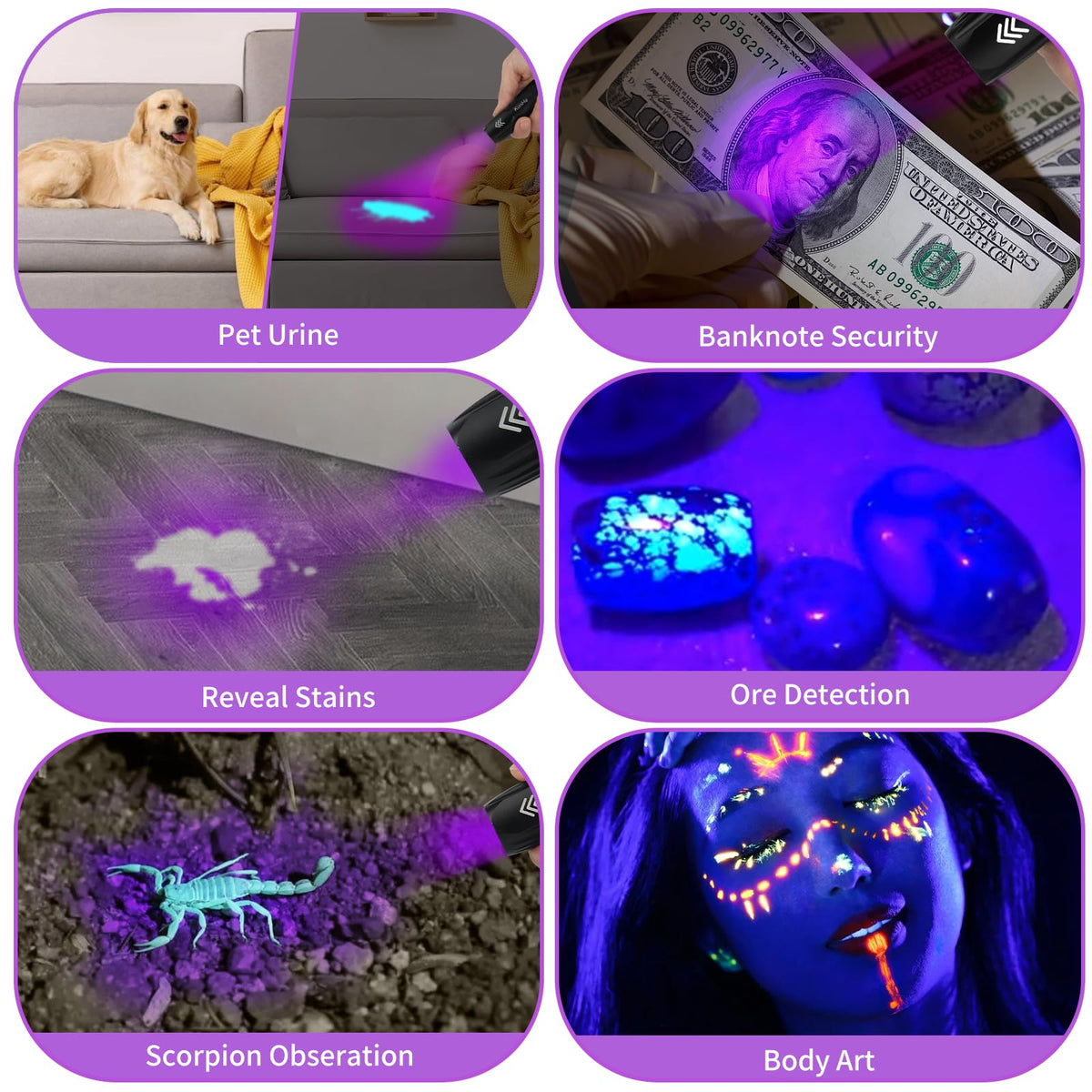 20 Pack Mini UV 395nm Flashlight 3W Rechargeable UV Flashlight Bulk for Hotel Cleaning Pet Stain Detection Scorpion Seeking Mineral Identification Resin Curing (20 PACK)