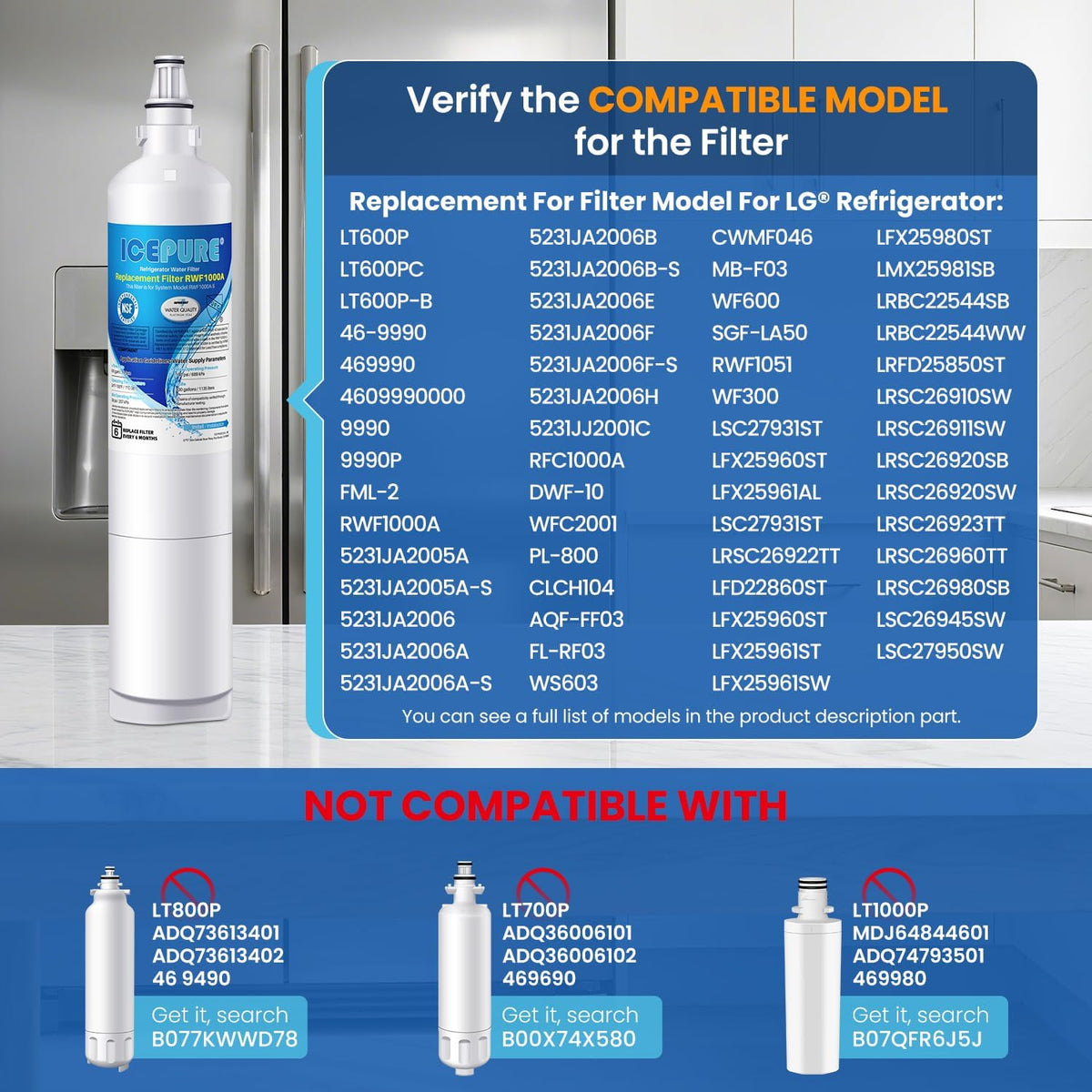 5231JA2006A Water Filter Replacement for LG LT600P (Chlorine, Odor Removal)