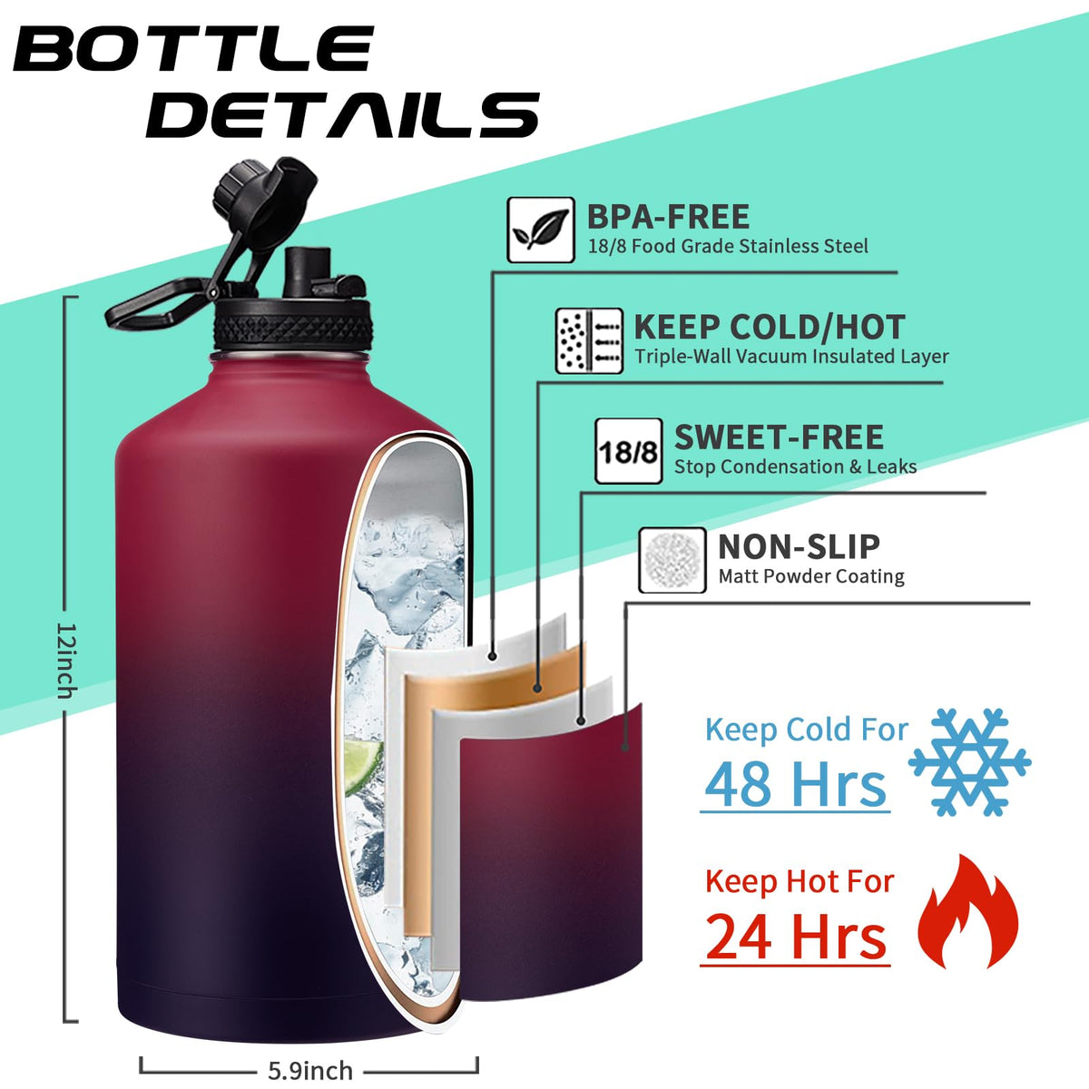 1 Gallon Insulated Water Jug (Rose Purple Gradient / 128 Ounces)