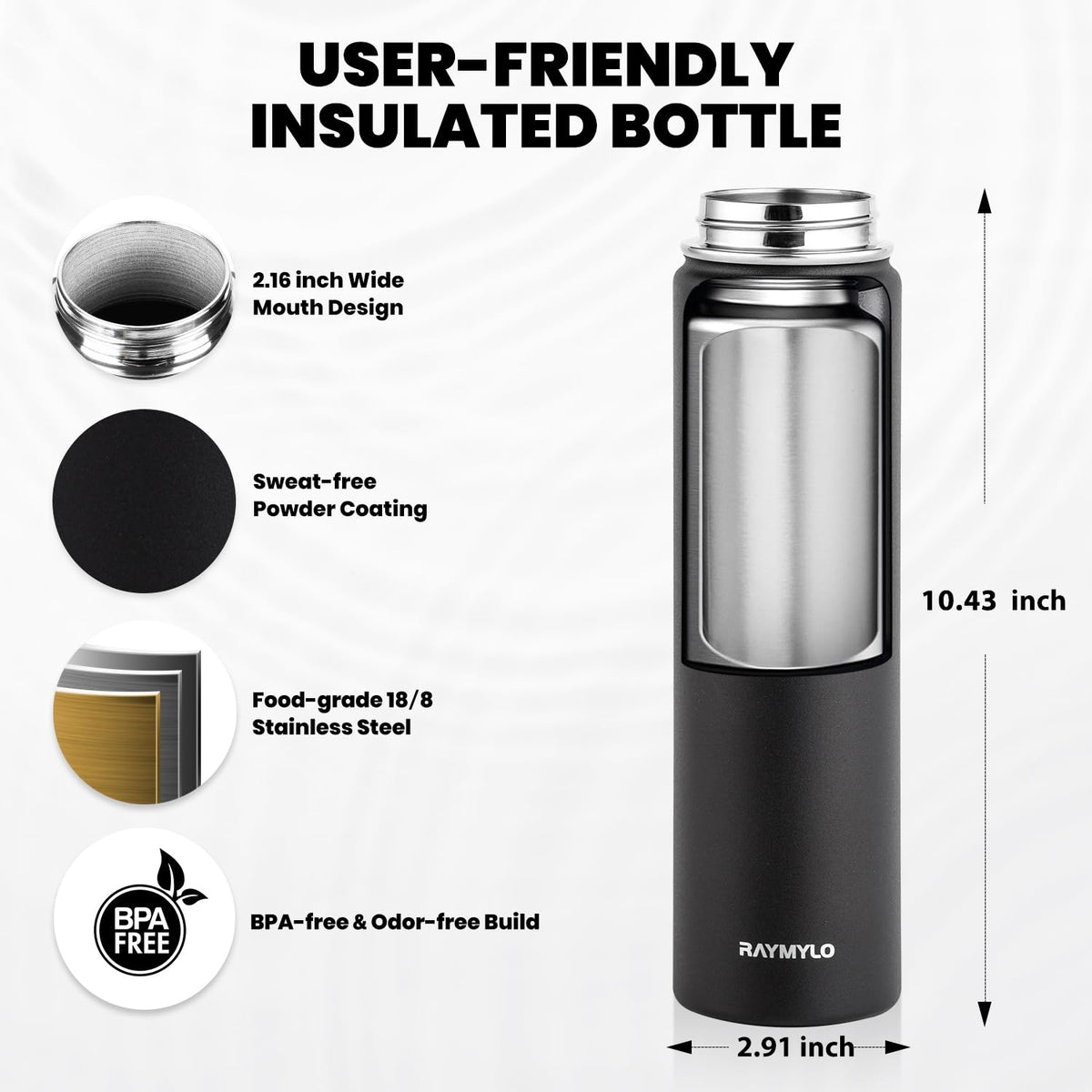 Insulated Water Bottle 24 oz (Magic Black / 24 Ounces)
