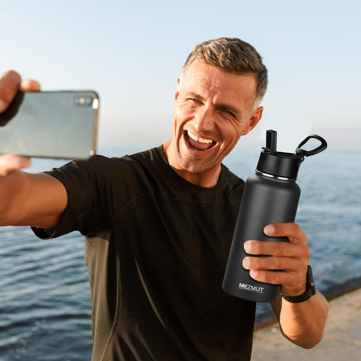 32oz Metal Sports Insulated Water Bottle with Straw Lid (Black-1 Lid)