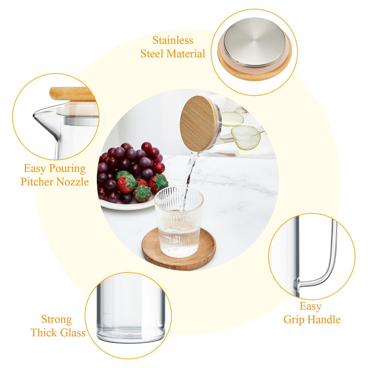 2 Sets Glass Pitcher with Lid Water Carafe (Bamboo Lid / 2l)