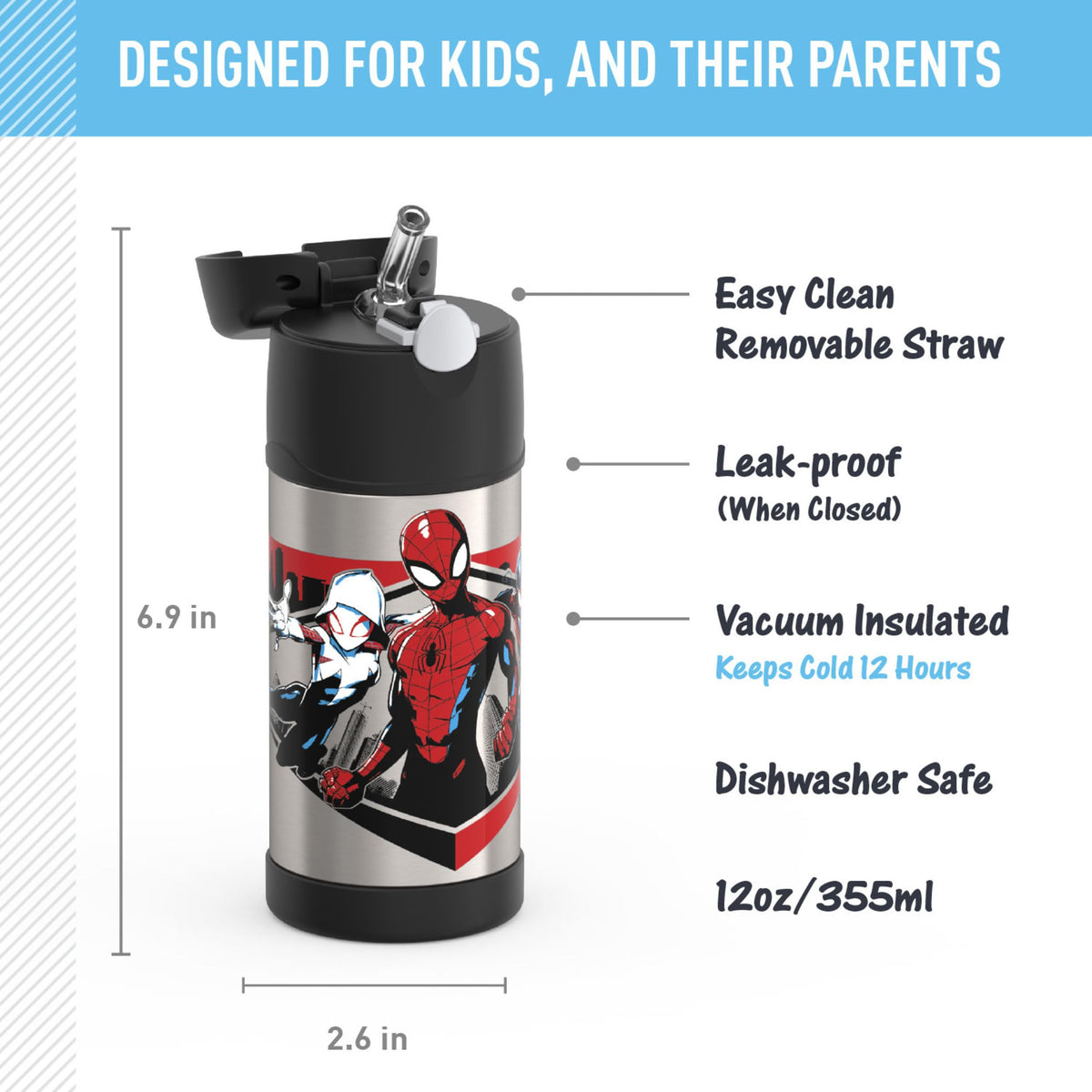 FUNTAINER Water Bottle with Straw (Spiderman / 12 Ounces)