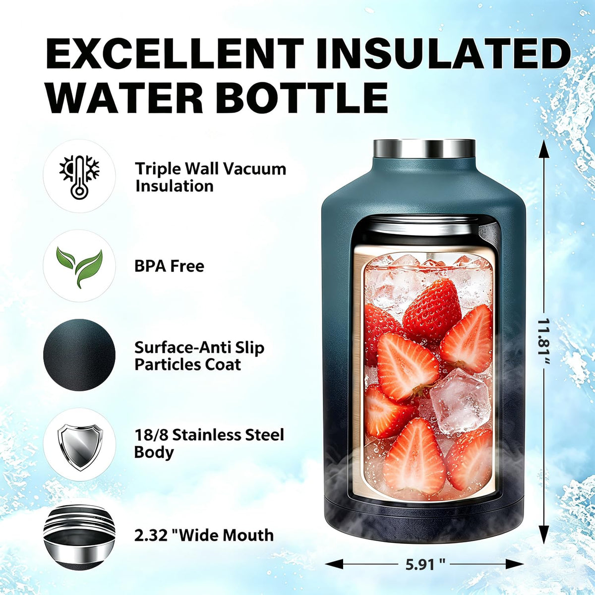 128 oz Insulated Water Bottle Stainless Steel Triple (Deep Blue & Black / 128 Ounces)