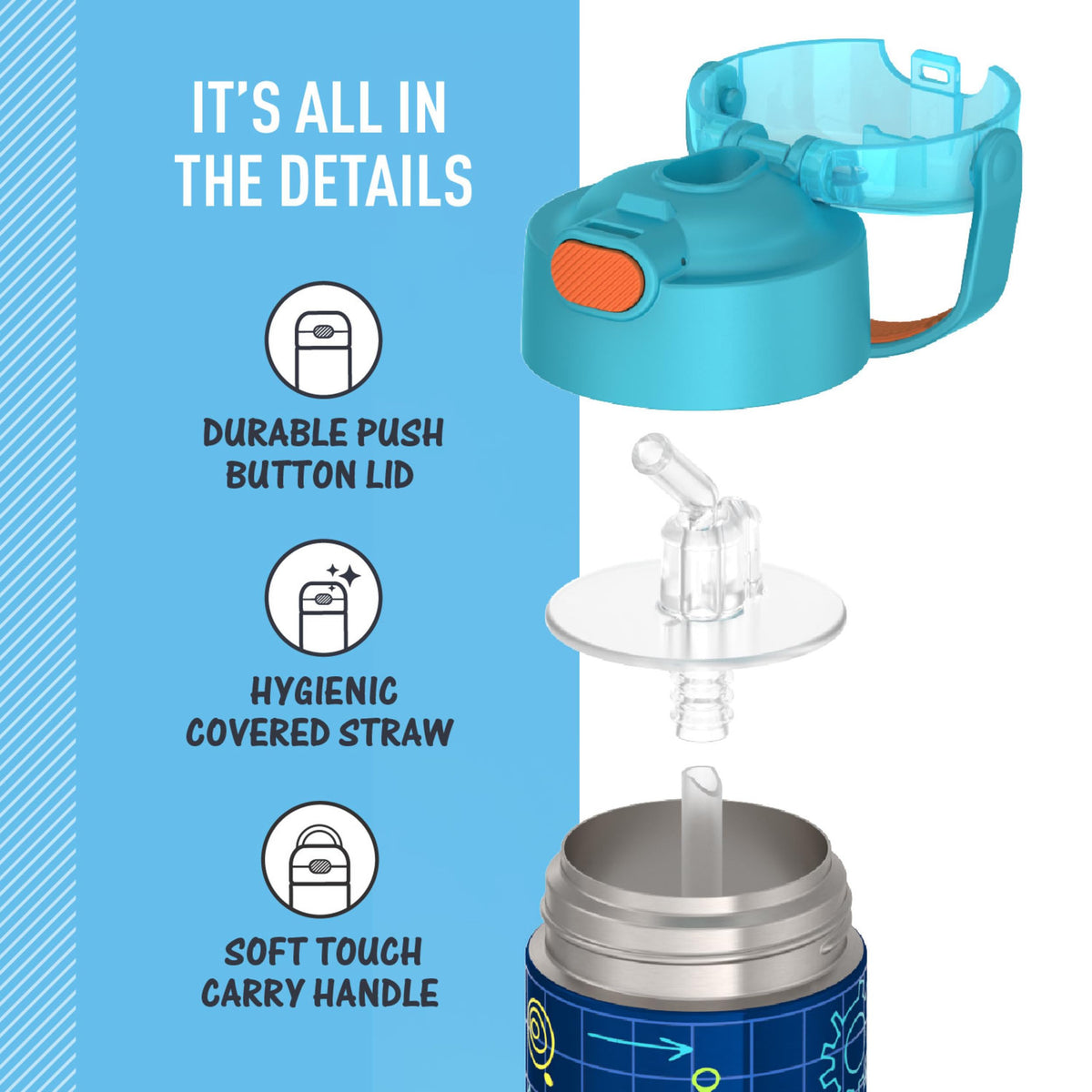 FUNTAINER Water Bottle with Straw (Robot Doodles / 12 Ounces)