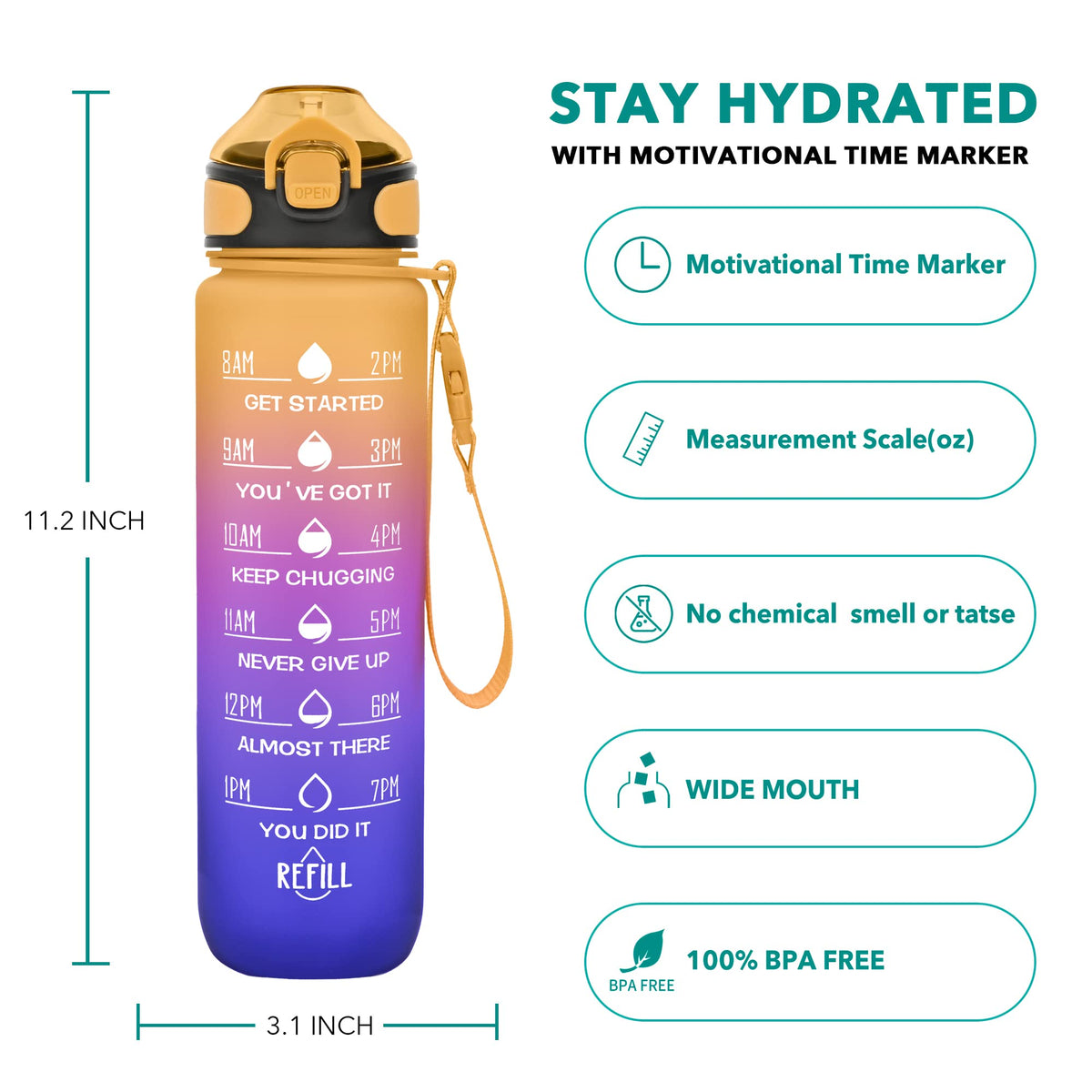 32 oz Water Bottle with Times to Drink and Straw (Orange Blue)
