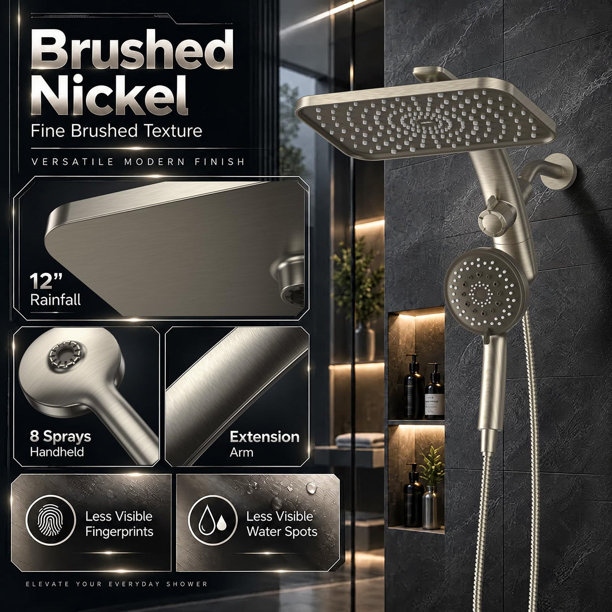 12" Brushed Nickel Shower Head with Handheld (Brushed Nickel / 12inch)
