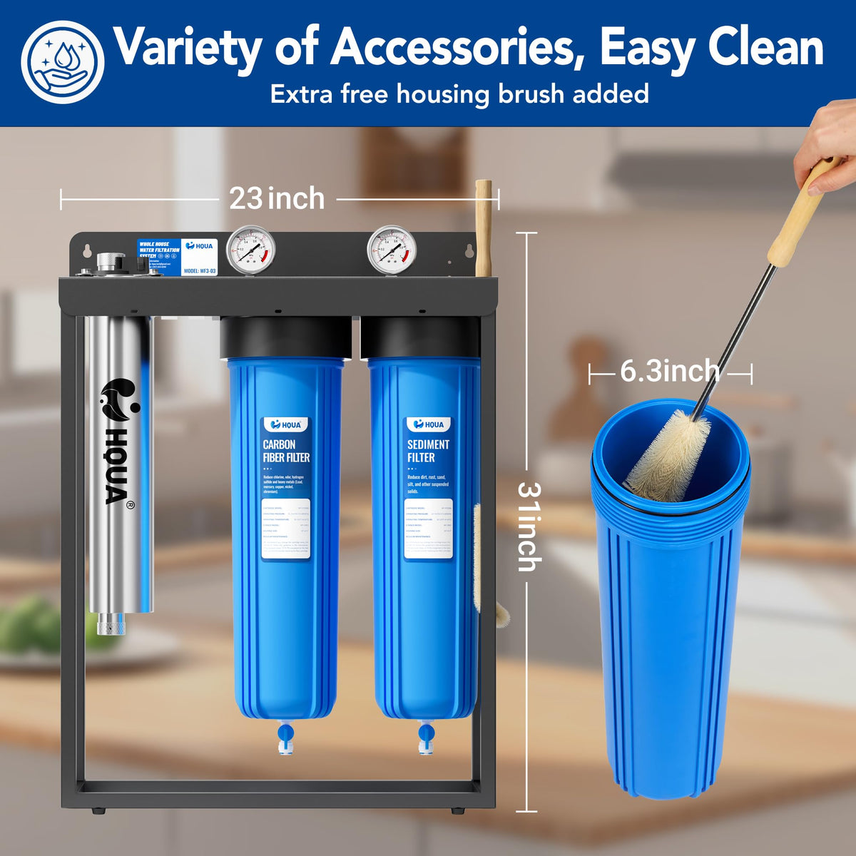 WF3-03 3-Stage Free-Standing Whole House Water Filtration System, UV Filter Included, Reduces Heavy Metals (Lead, Mercury, Arsenic, Cadimum, Chromium), PFAS, Chlorine, Sediment, Odor, and VOC’s