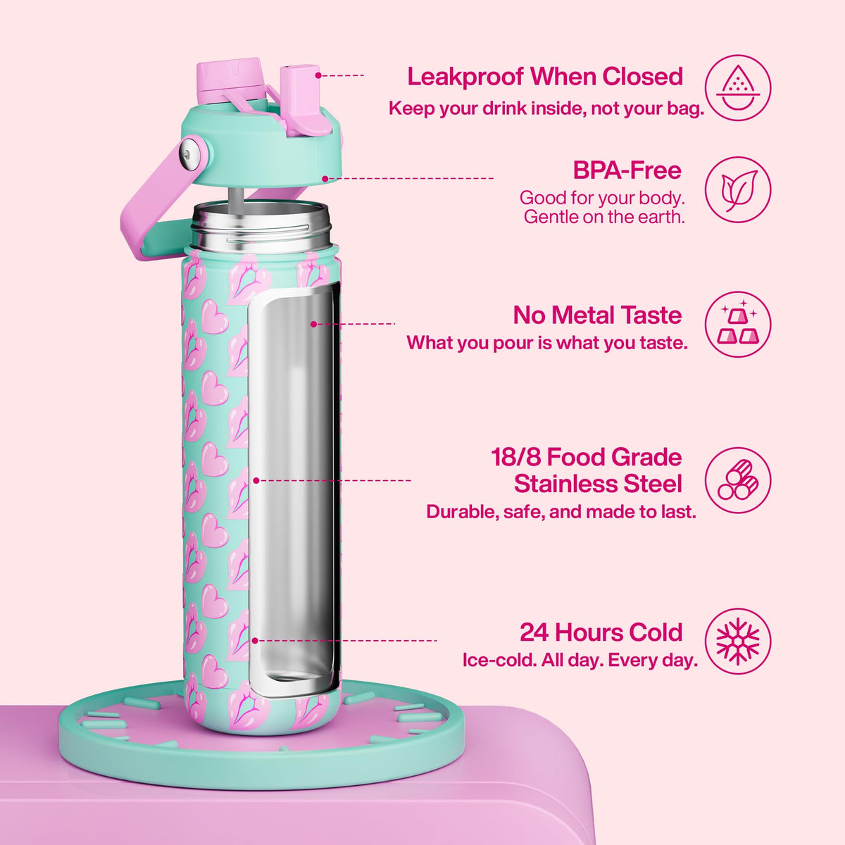 Insulated Water Bottle with Straw Stainless Steel Water Bottle (26 Ounces / Kiss Love Violet x Mint)