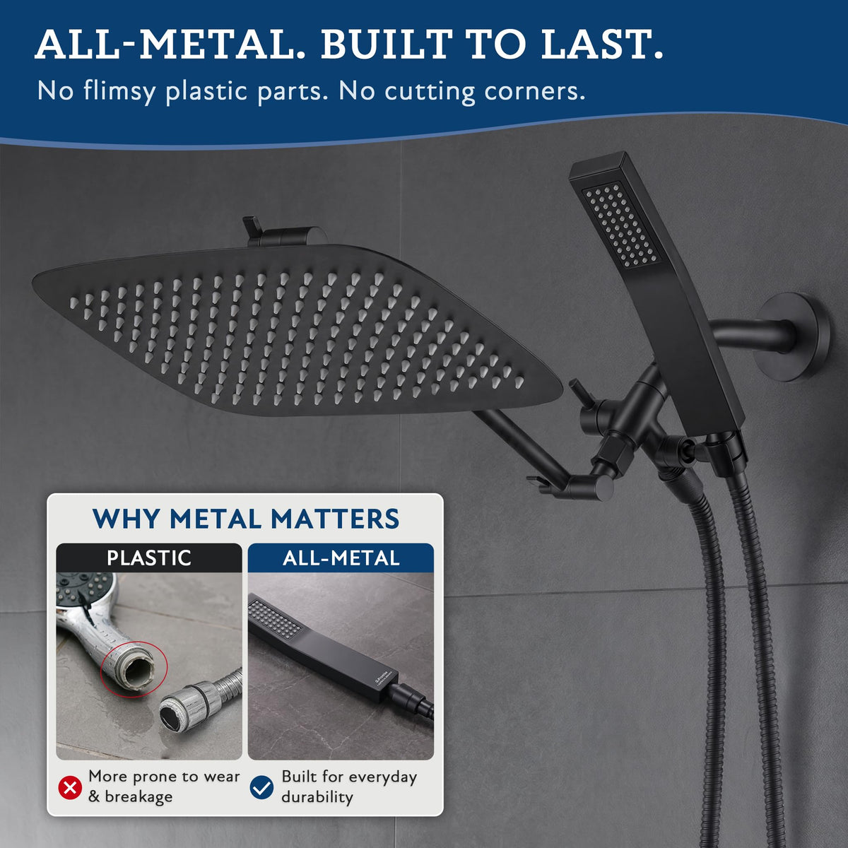 All Metal 16" Rain Shower Head with Handheld for Bathroom Upgrade (16 Inches / Matte Black)