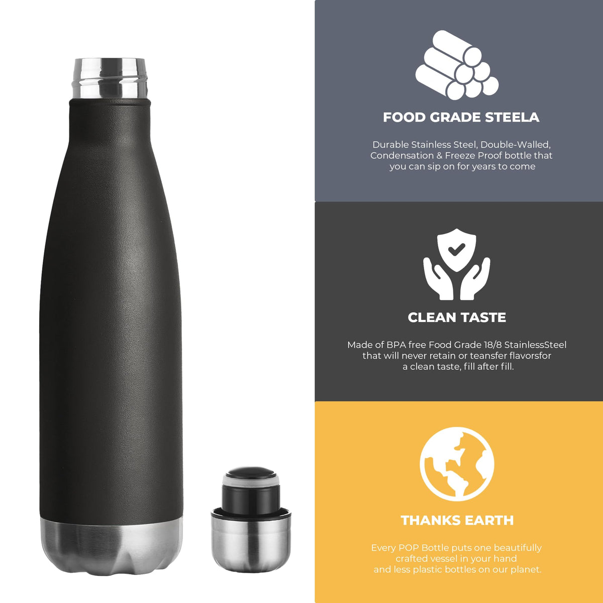 17oz Sport Water Bottle Vacuum Insulated Stainless Steel Leak (Black)