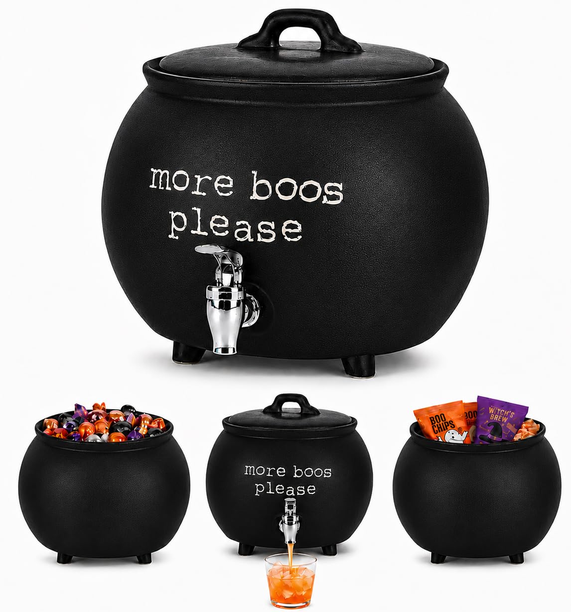 Black Ceramic Cauldron Beverage Dispenser & Candy Bowl With Easy Flow Spigot & Lid (Black)