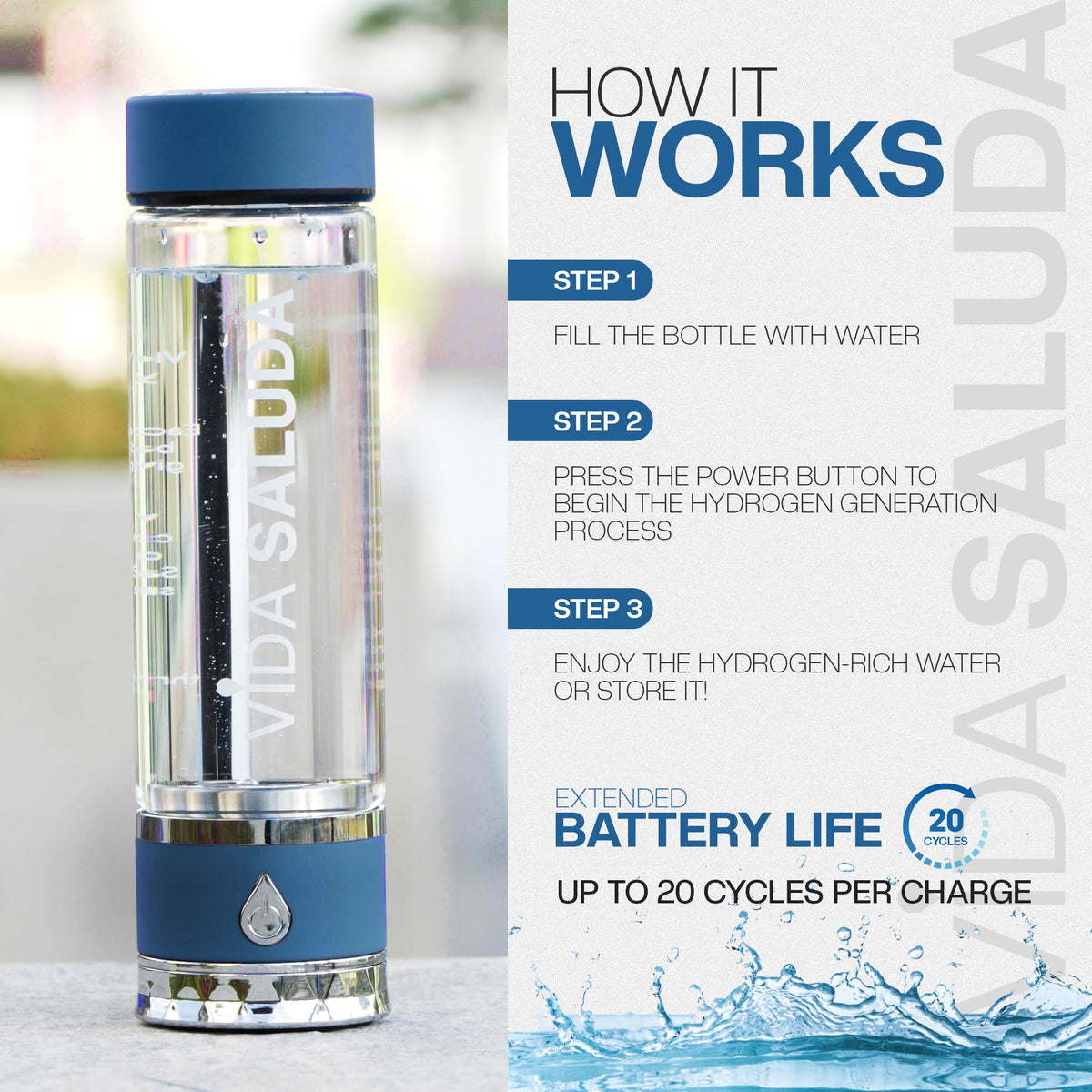 500ml (17oz) Premium Portable Hydrogen Water Bottle Generator –Under 3 Min Cycle, High-Concentration PPB, Advanced SPE/PEM, Self-Cleaning, Ionized Alkaline Water for Detox, Energy & Superior Hydration (Blue)