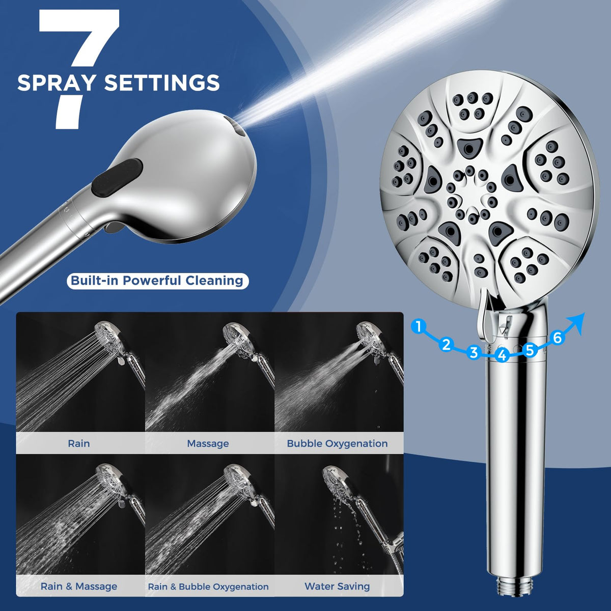 7 Setting Handheld Shower Head with Built (6 Modes + Filter + Power Wash / Chrome Polished)