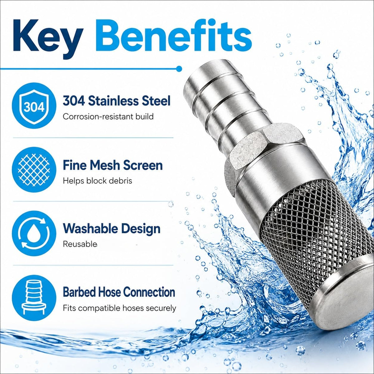 304 Stainless Steel Water Pump Filter Hose End Strainer Barbed Inline Mesh Screen (14mm 1/2 Inch)
