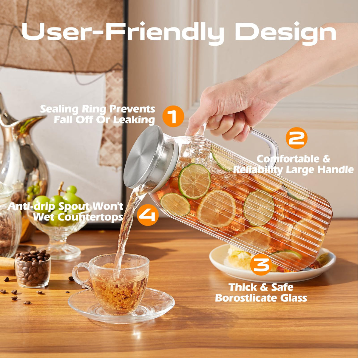 68oz Glass Pitcher with Lid and Handle for Fridge (Clear Striped)