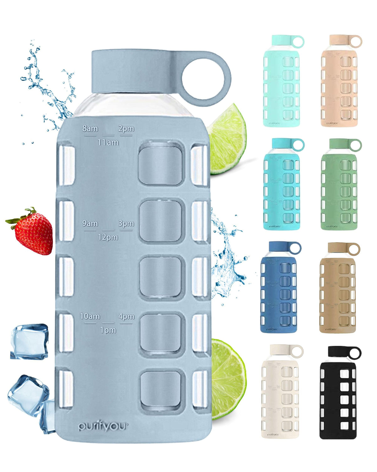 40oz / 32oz / 22oz / 12oz Borosilicate Glass Water Bottle with Time & Volume Markers, Silicone Sleeve, Stainless Steel Lid | Reusable Glass Bottle for Water & Juice (Ice Blue (1 Count) / 22 Ounces)