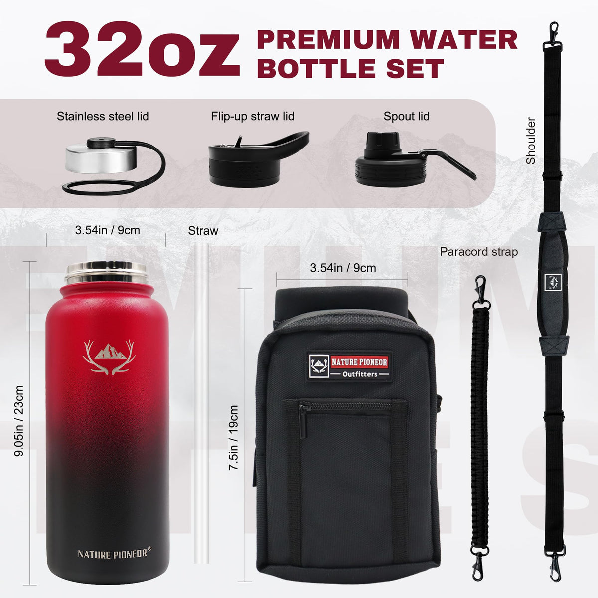 32 oz Insulated Water Bottle with Carrier Bag & 3 Lids (Red Black / 32 Ounces)