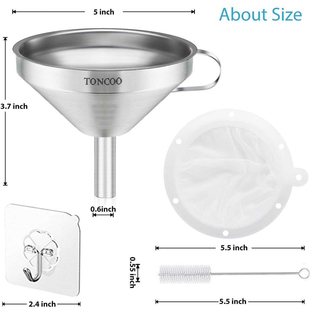5 Inch Stainless Steel Funnel with Strainer and 200 Fine Mesh Filter