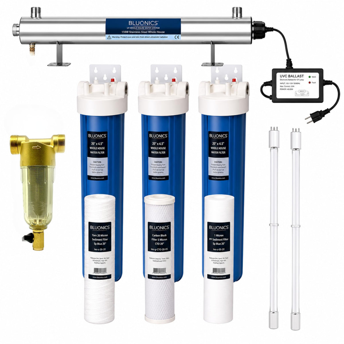 110w Complete Well Water Filter System with a pre (UV + Extras with Triple + Pre filter + Bulbs)