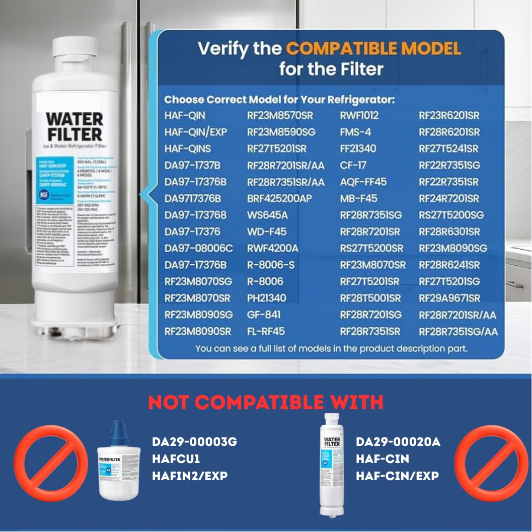 HAF-QIN/EXP DA97 Water Filter Replacement – Compatible with DA97-17376B – Carbon Block 99% Contaminant Reduction – Fresh Water & Ice – 24 Month Life 4 PACK (HAF-QIN)