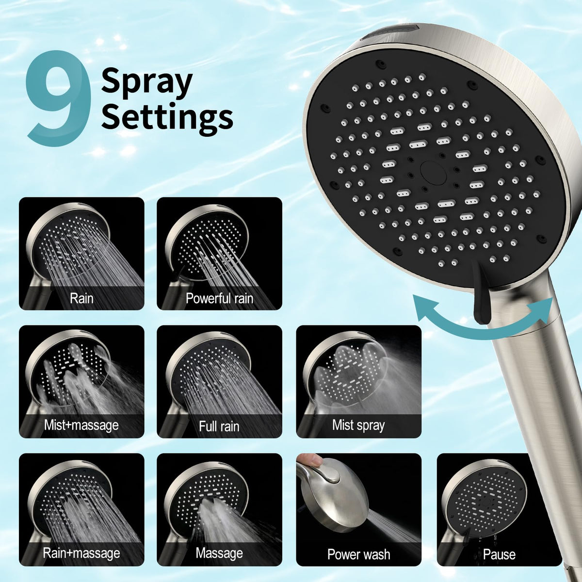 High Pressure Filtered Handheld Shower Head 9 Spray（4 filters） (2.5 Gallon Per Minute+4 Filters / Brushed Nickel)