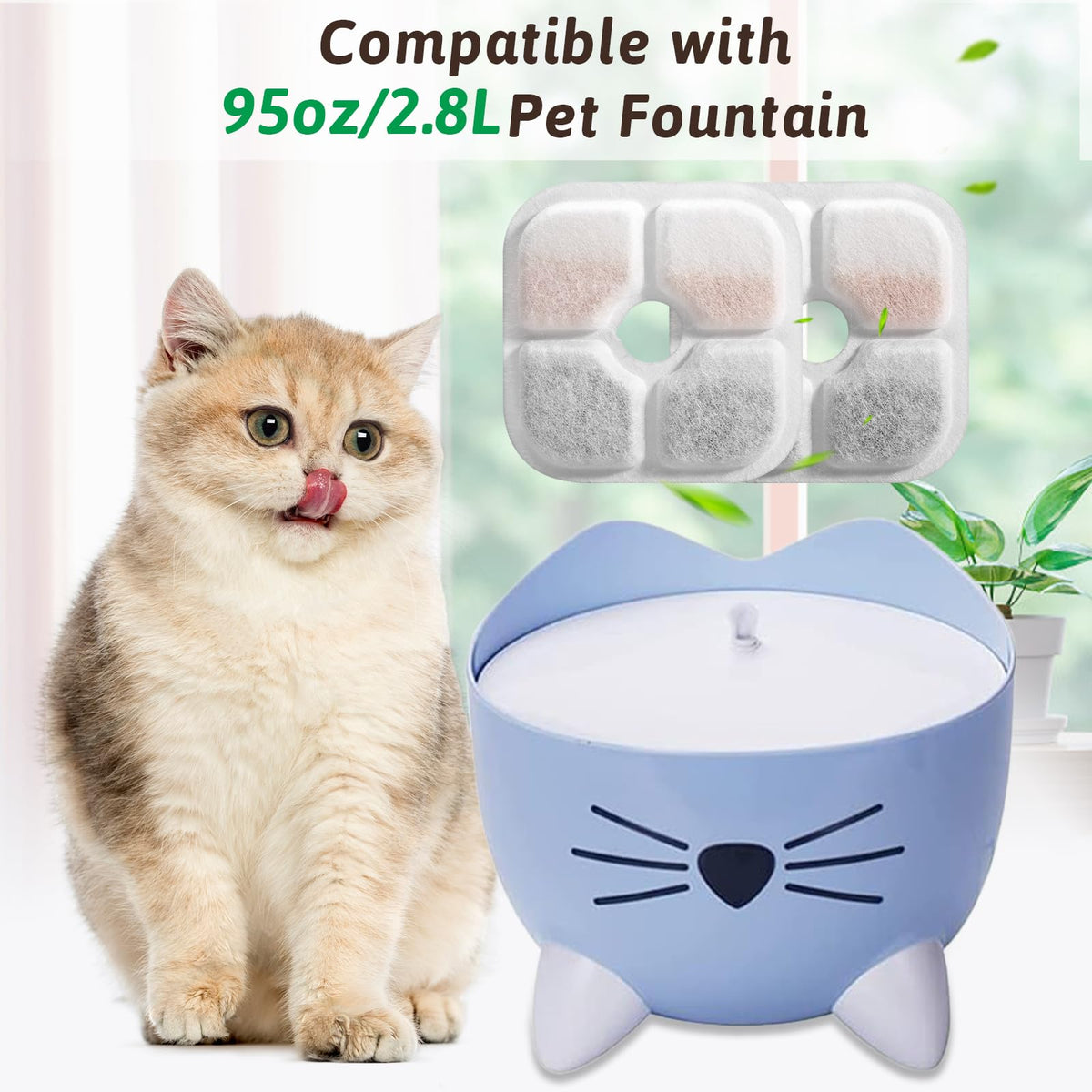 Cat Water Fountain Replacement Filters Fit for 2.5L Fountain with Whiskers Pattern Triple Action Water Pet Cat Drinking Fountain Filter Pack of 8