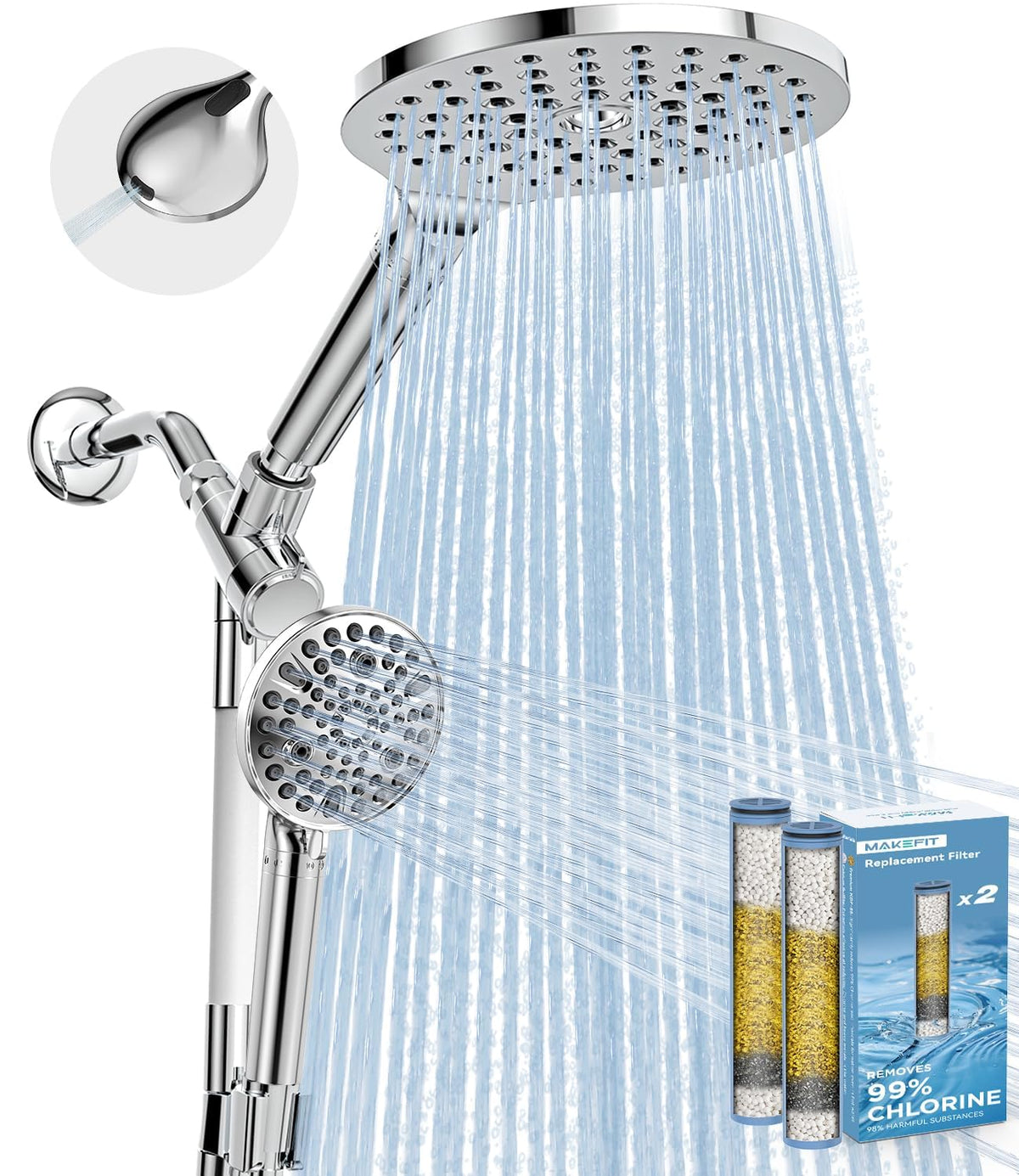 Dual Filtered Rain Shower Head Combo (Premium Chrome / 8 Inch Filtered)