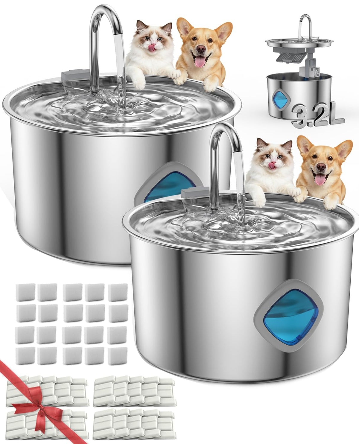 Dog Water Bowl (2Set, 20+20 Filter)