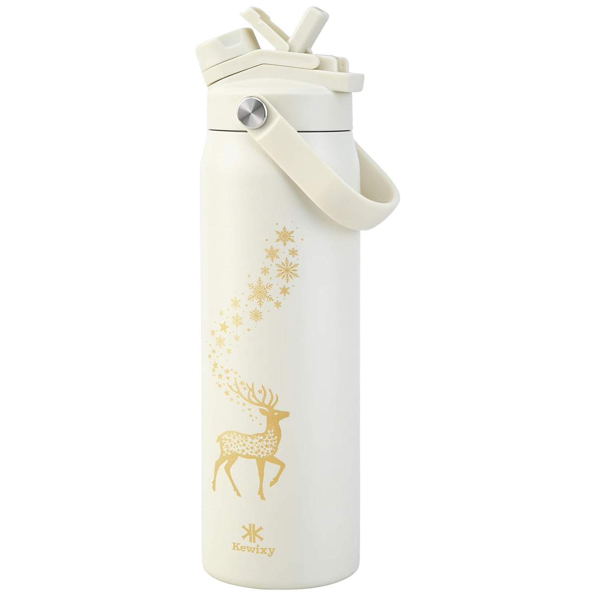 Christmas Water Bottle with Straw Insulated (Golden Reindeer / 32 Ounces)