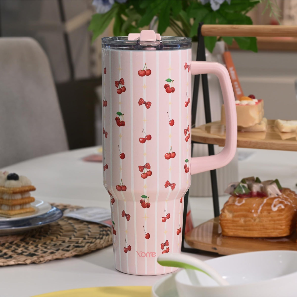 40oz Stripe Cherry Tumbler with Handle and Flip Straw (Stripe Cherry Pink)