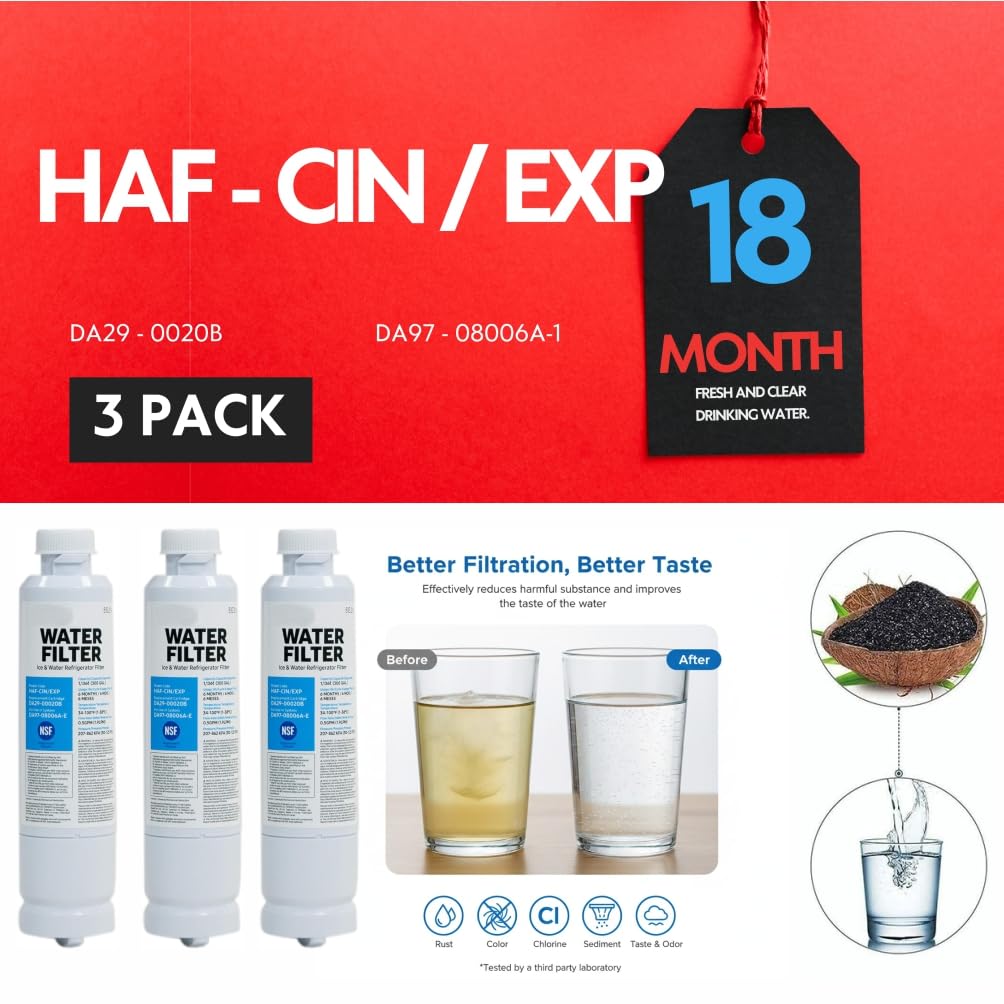 HAF-CIN/EXP DA29 Water Filter Replacement – Compatible with DA29-00020B – Carbon Block 99% Contaminant Reduction – Fresh Water & Ice – 18 Month Life 3 PACK (HAF-CIN)