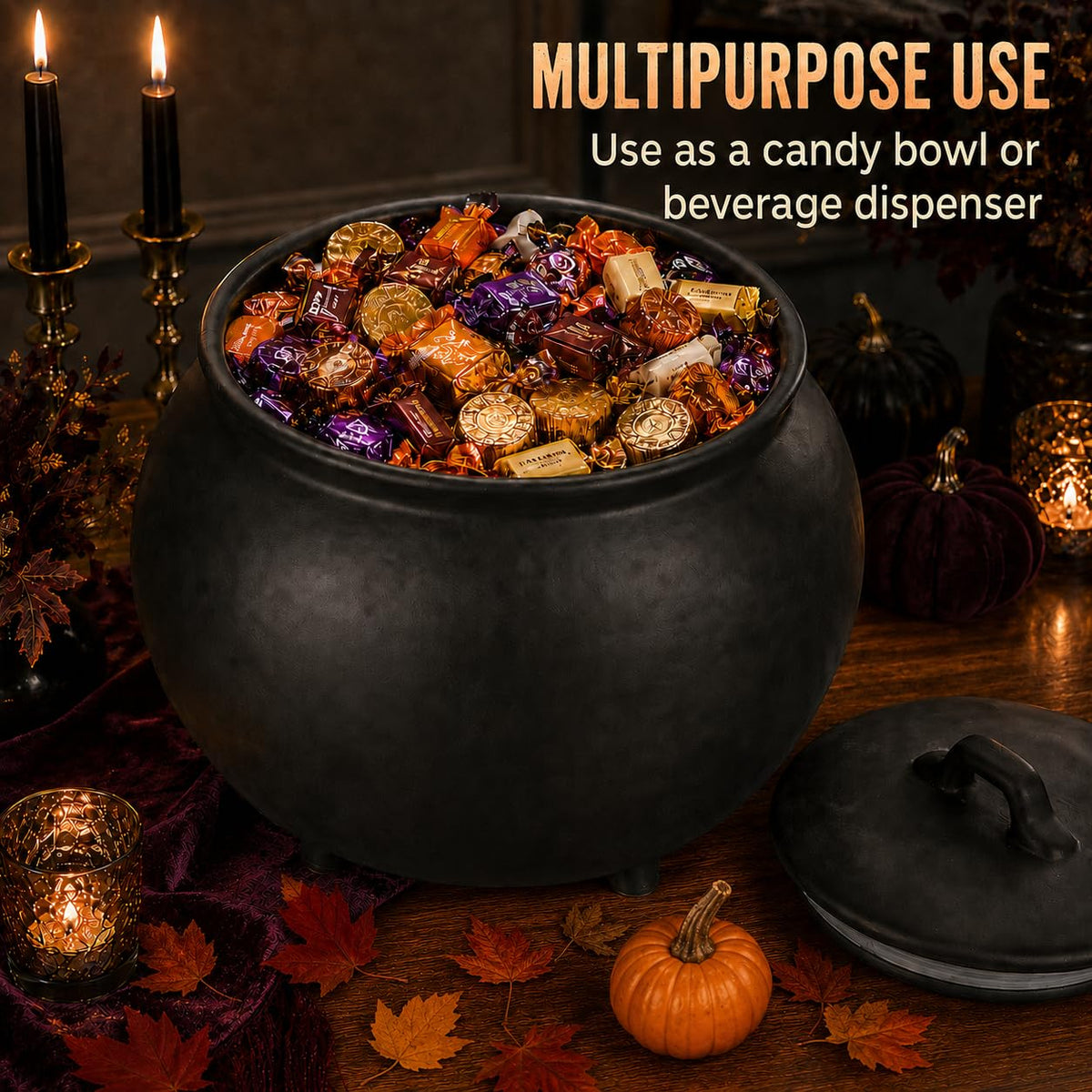 Black Ceramic Cauldron Beverage Dispenser & Candy Bowl With Easy Flow Spigot & Lid (Black)