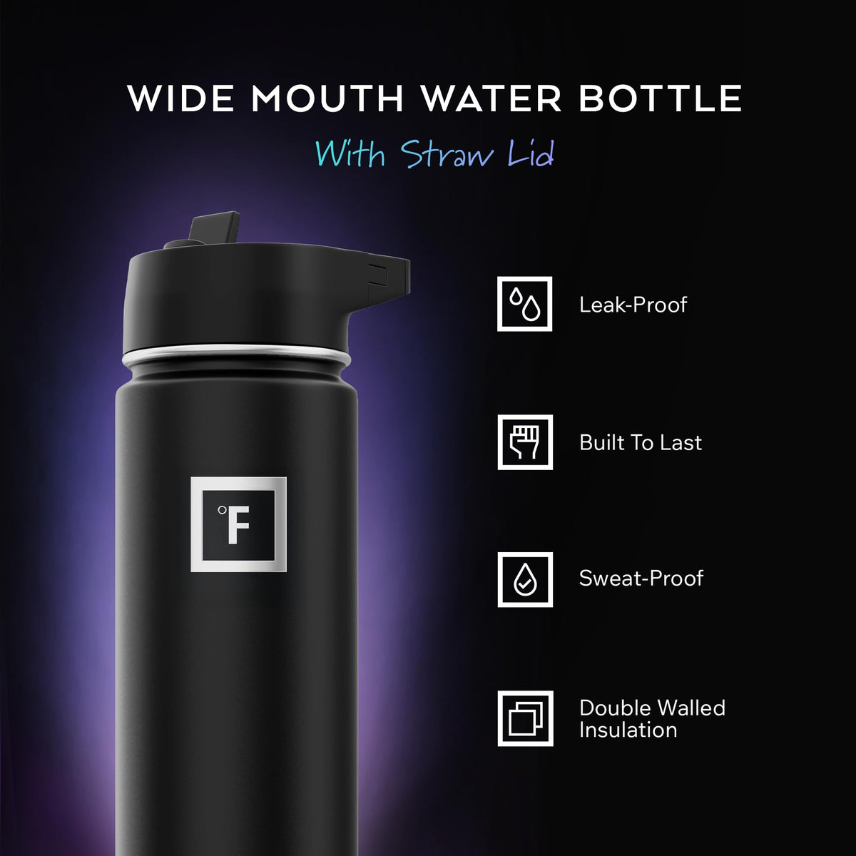 24 oz Wide Mouth Water Bottle with Straw (Graphite)
