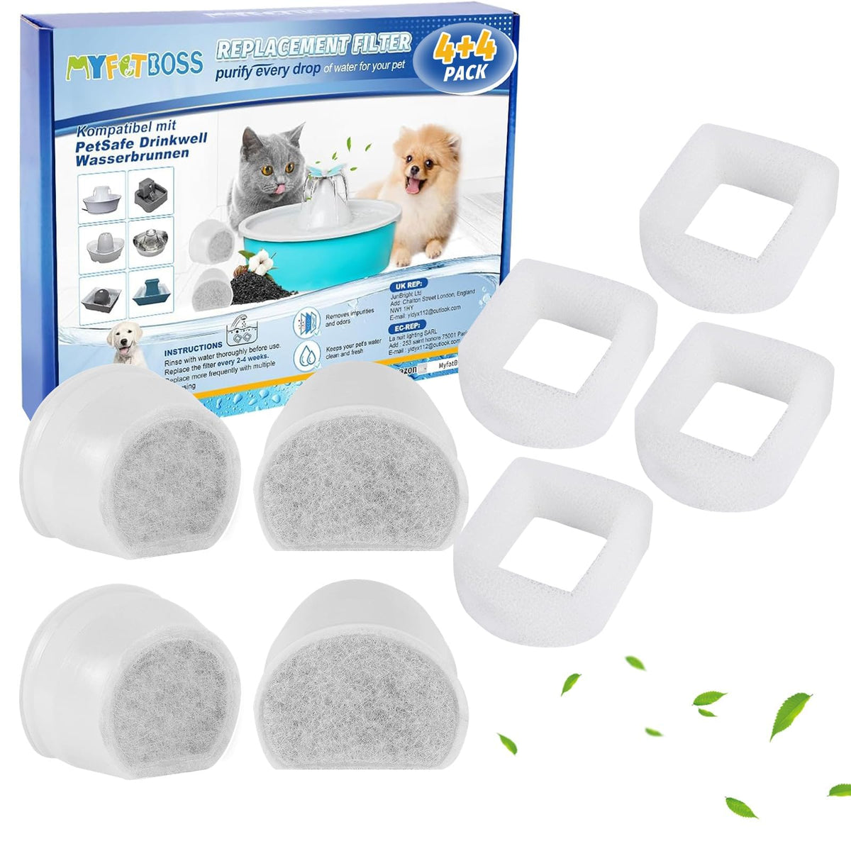 4+4 Pack Cat Fountain Filters Compatible with Petsafe Drinkwell