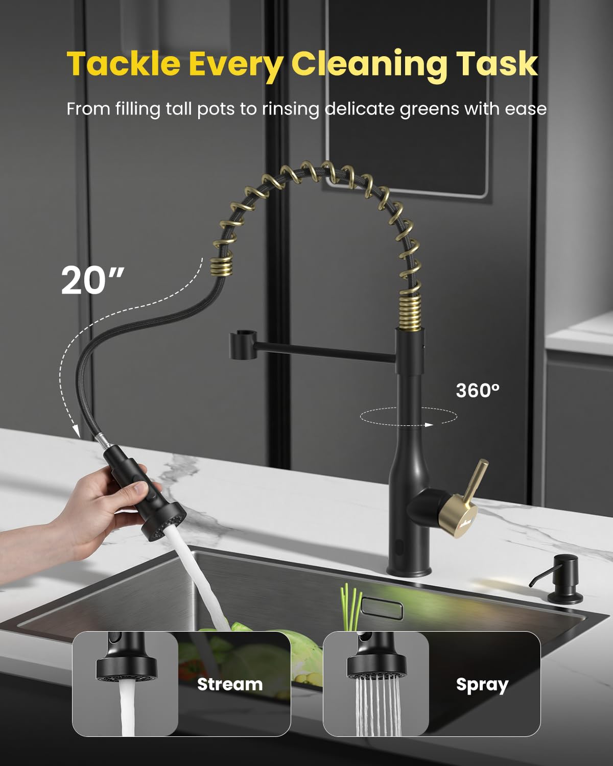 Black and Gold Touchless Kitchen Faucet with Soap Dispenser (Smart Black & Gold)