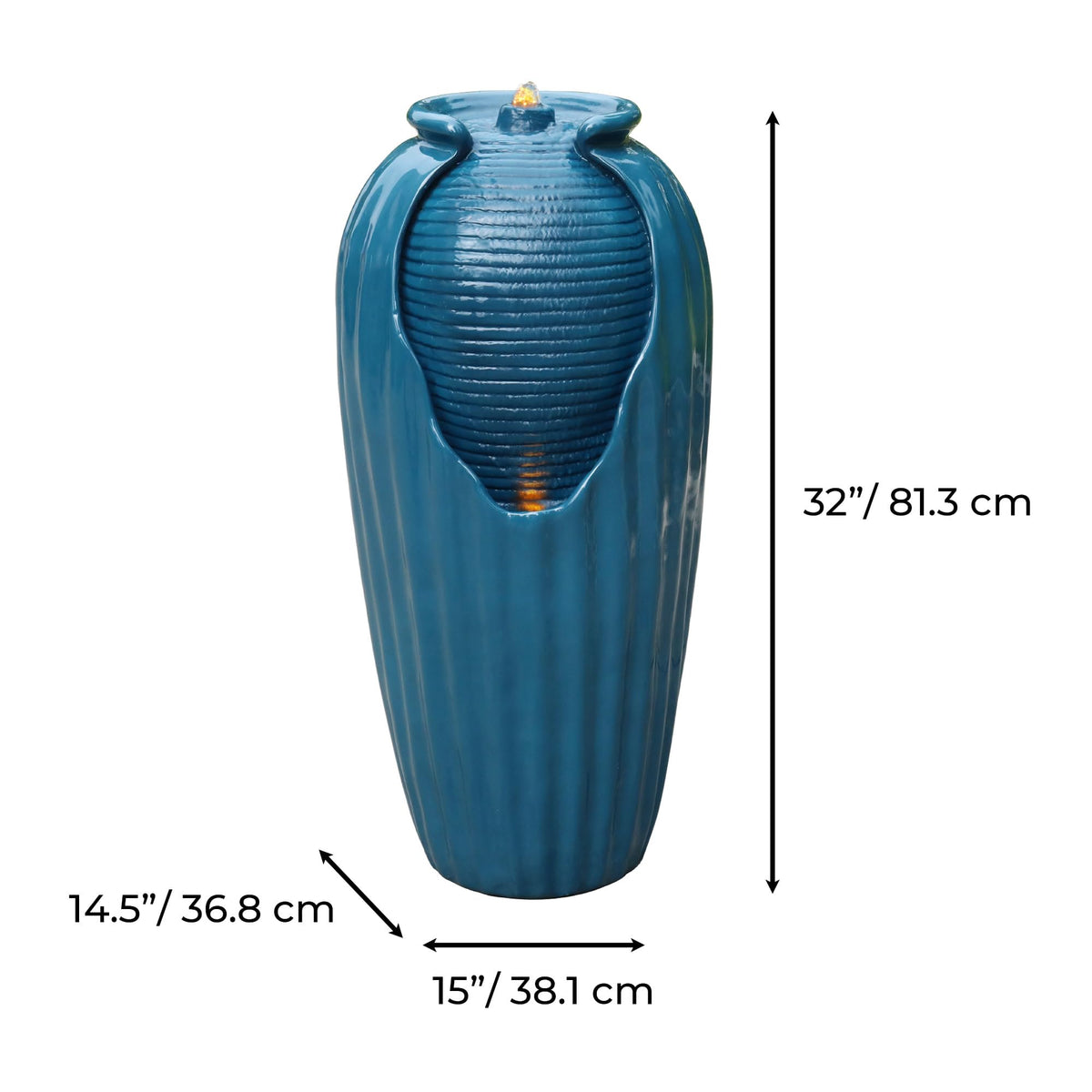 32 in. Outdoor Contemporary Glazed Contoured Vase Water Fountain with LED Lights to Create a Calming Oasis in Gardens and Landscaping (Blue)
