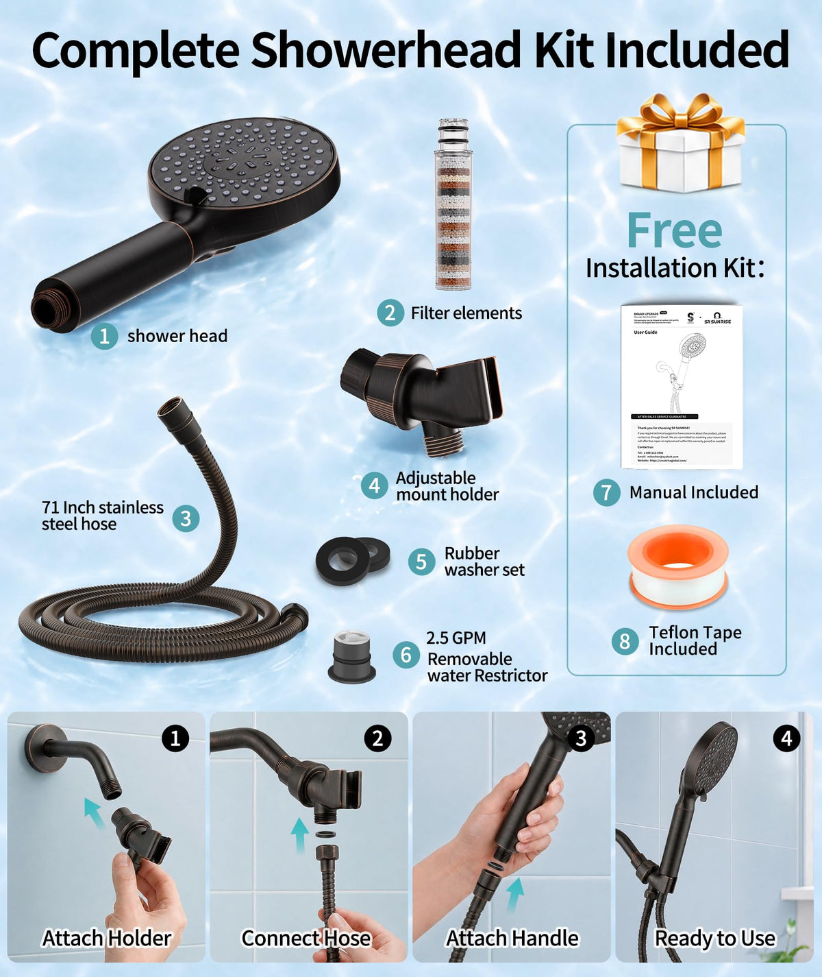 Filtered Shower Head with Handheld High Pressure 9 Spray Mode Showerhead Detachable Shower Head Water Softener Filters Beads for Hard Water Remove Chlorine 1 Filter Black Brown (Black Brown)