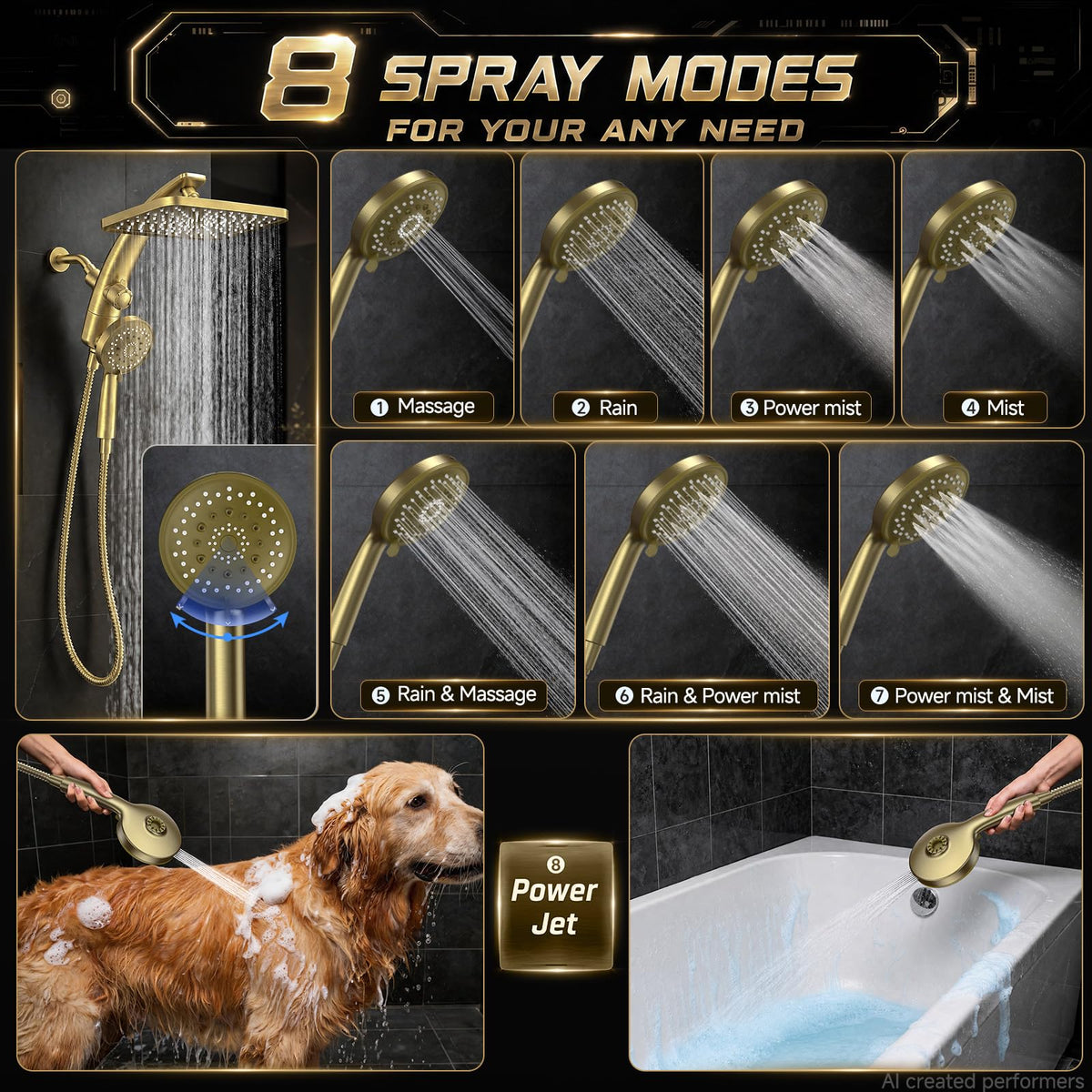 12" Brushed Gold Shower Head with Handheld (Brushed Gold / 12inch)