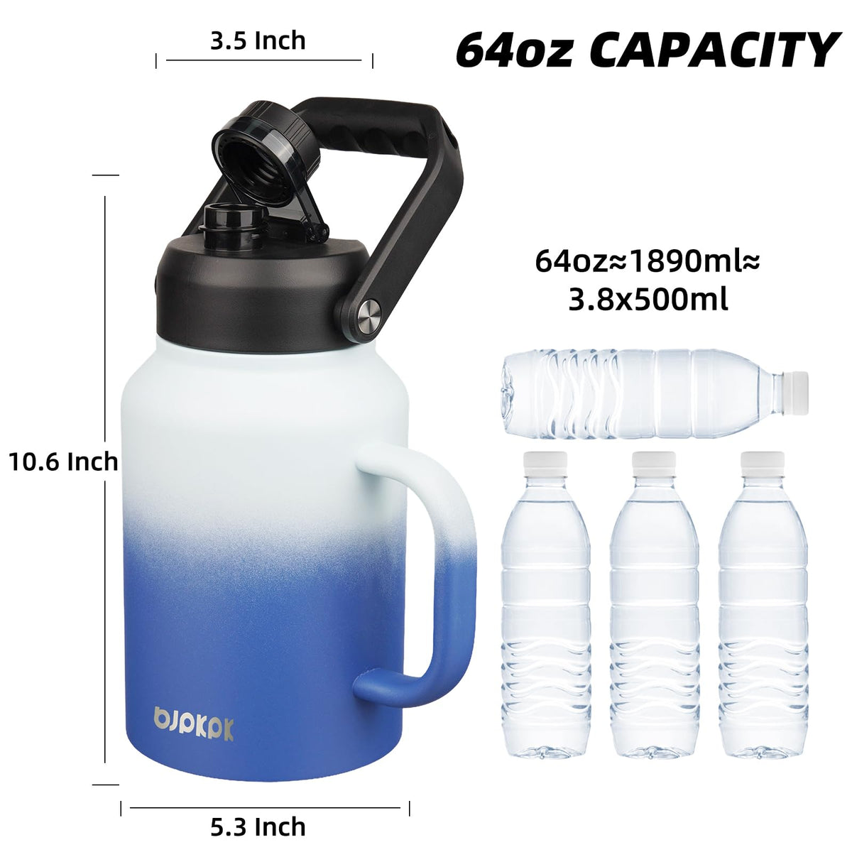 64oz Stainless Steel Water Bottle (64oz-Side Handle / Sky)