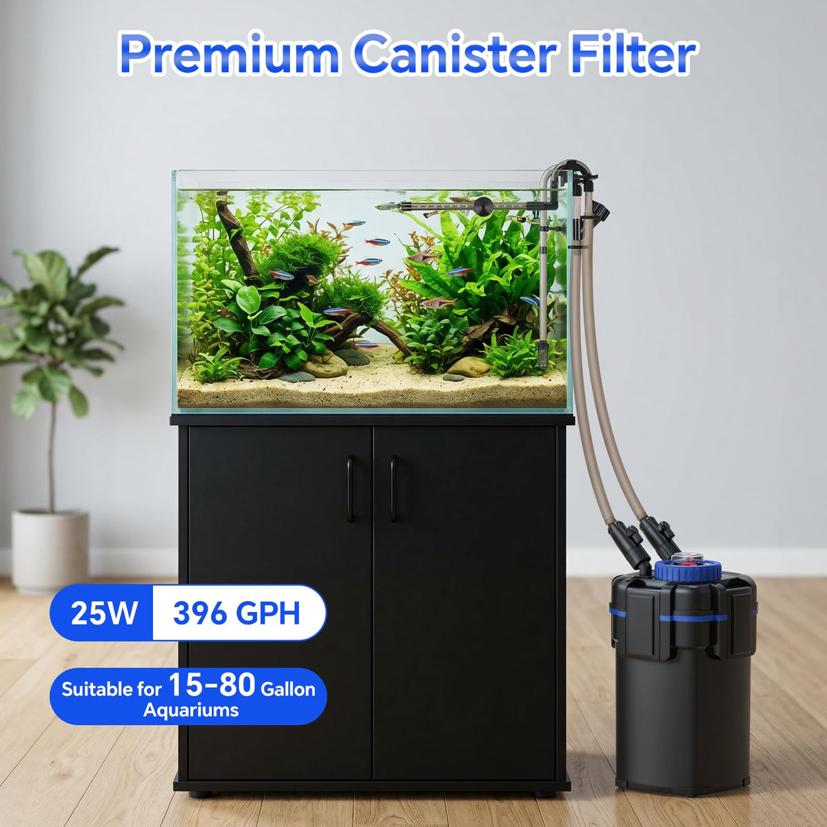 396GPH Canister Filter with Prefilter (L(1500L/H-for 15-80 Gallon Fish Tank))