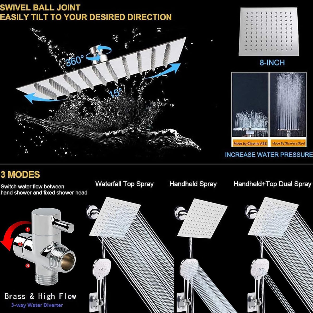 Shower Head with Hose (Chrome Finish / 8 Inch)